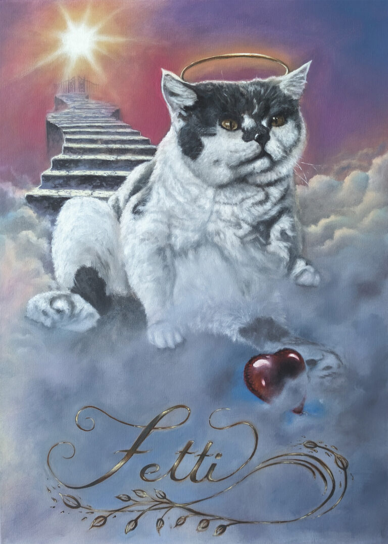 Portrait einer Katze, die auf Wolken sitzt. Dahinter eine Treppe zur Himmelspforte, im Vordergrund ein Luftballon, der durch die Wolken schwebt und ein Schriftzug mit dem Namen "Fetti".
